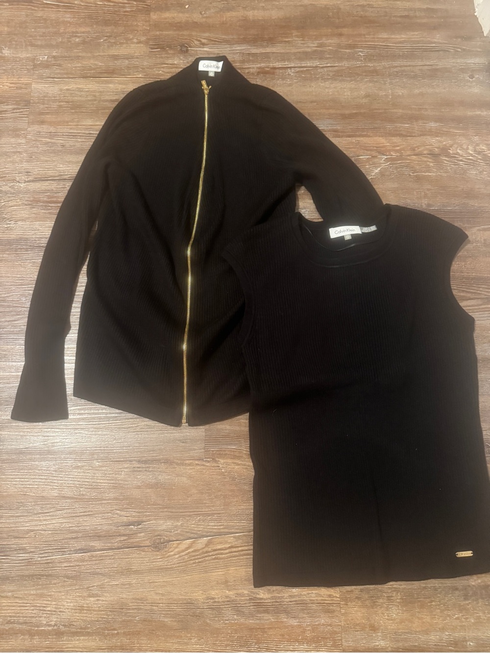 Calvin Klein Black Ribbed Zip Cardigan with Gold Hardware